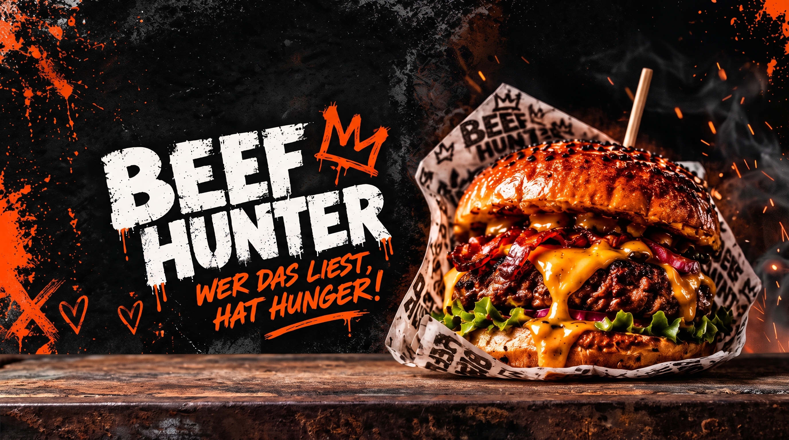 Frisch zubereitete Beef-Hunter Burger mit Salat und Käse